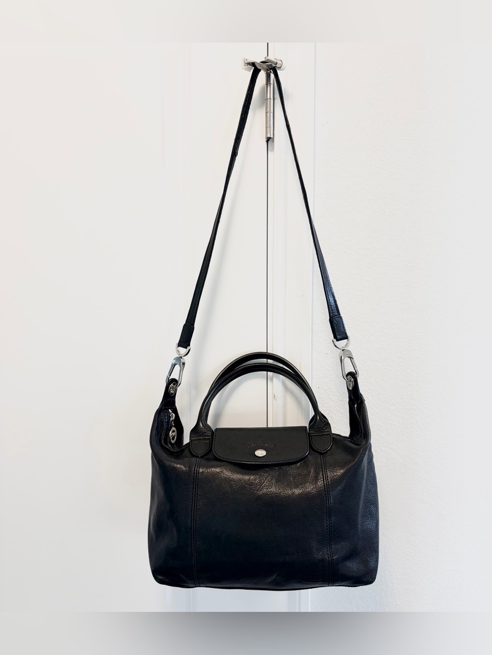 ❤️SOLD❤️ Longchamp Le Pliage Cuir Medium Black Leather Top Handle Crossbody Bag - Picture 6 of 16